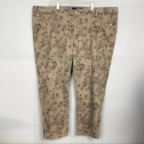 DENIM 24/7 Khaki Tropical Floral Printed Distressed Stretch Jeans Plus Size 30W - Picture 1 of 12